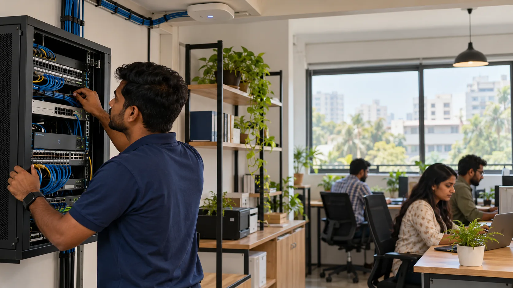 Illustrative business network installation scene