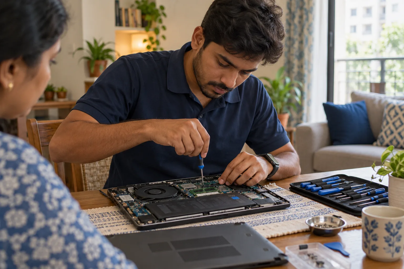 Illustrative scene of a technician diagnosing an open laptop at a home table