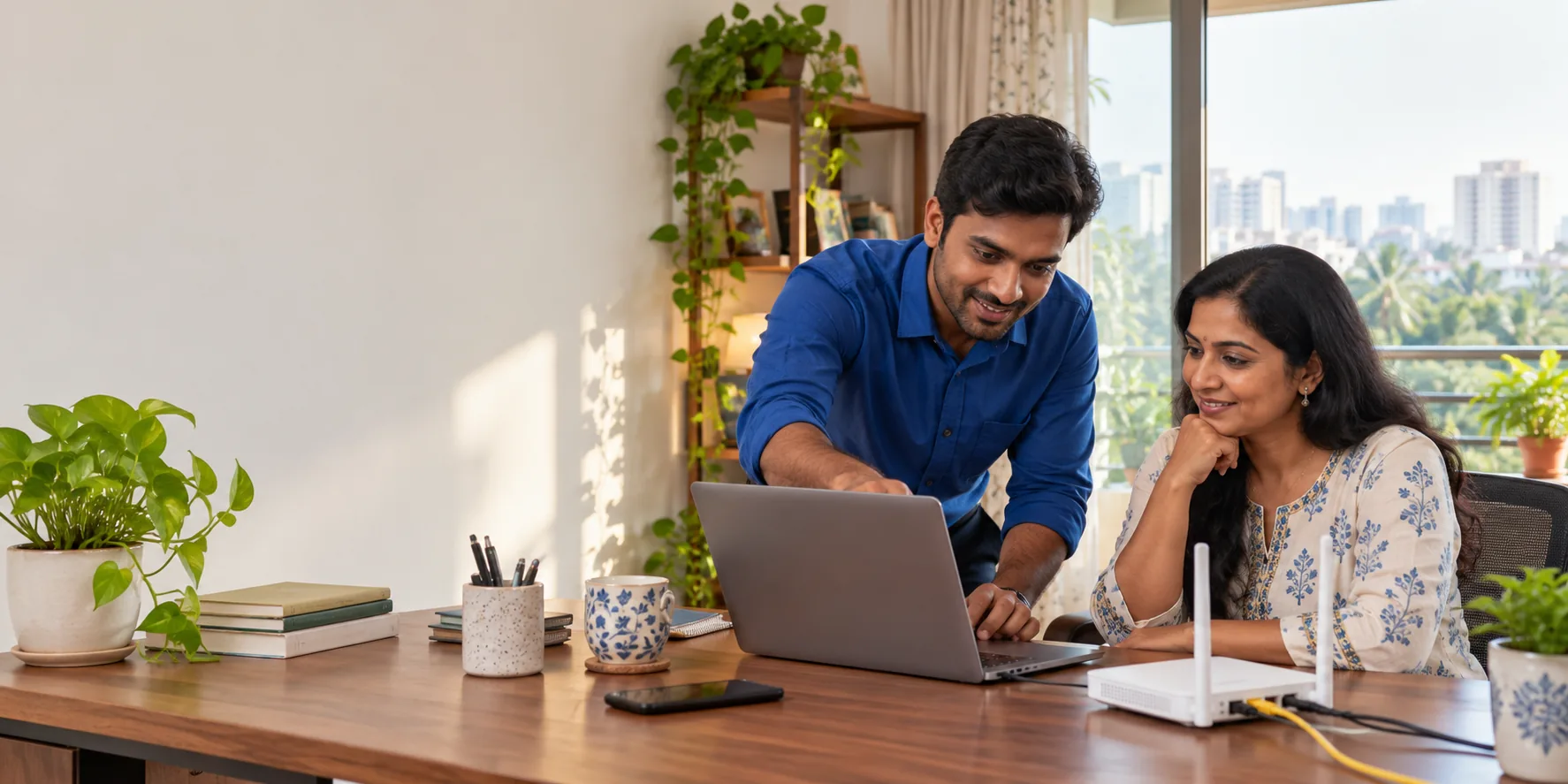 Illustrative scene of a technician helping someone with a laptop and Wi-Fi router