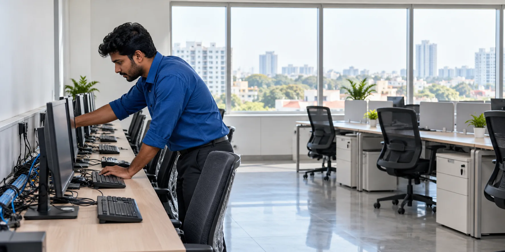 Illustrative technician testing desktop workstations in a business office